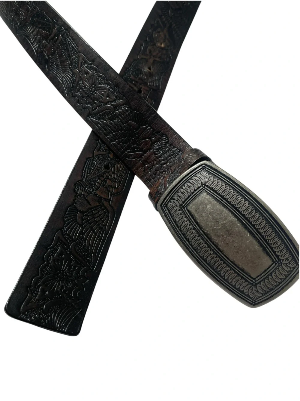 TOOLED Leather Eagle Belt Brown Pewter Buckle Men's Sz XL USA Americana Western